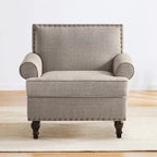 Fauteuil club avec clous décoratifs, mousse haute densité, pieds en bois massif, tissu lin, capacité de 136 kg