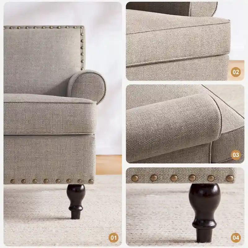 Fauteuil club avec clous décoratifs, mousse haute densité, pieds en bois massif, tissu lin, capacité de 136 kg
