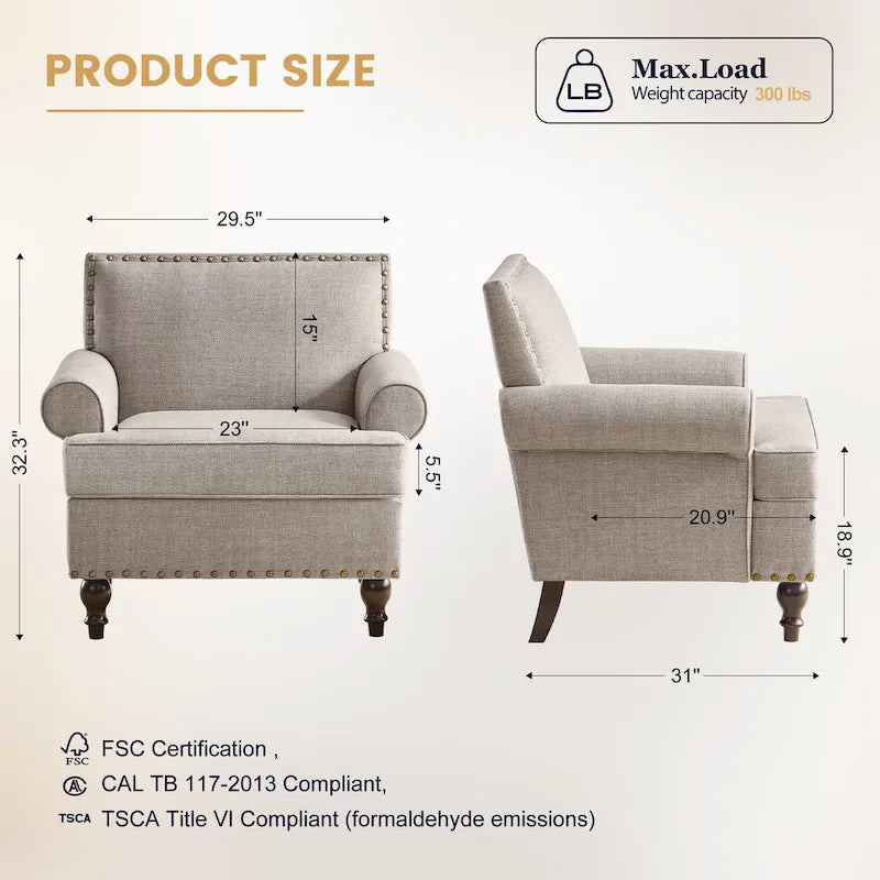 Fauteuil club avec clous décoratifs, mousse haute densité, pieds en bois massif, tissu lin, capacité de 136 kg