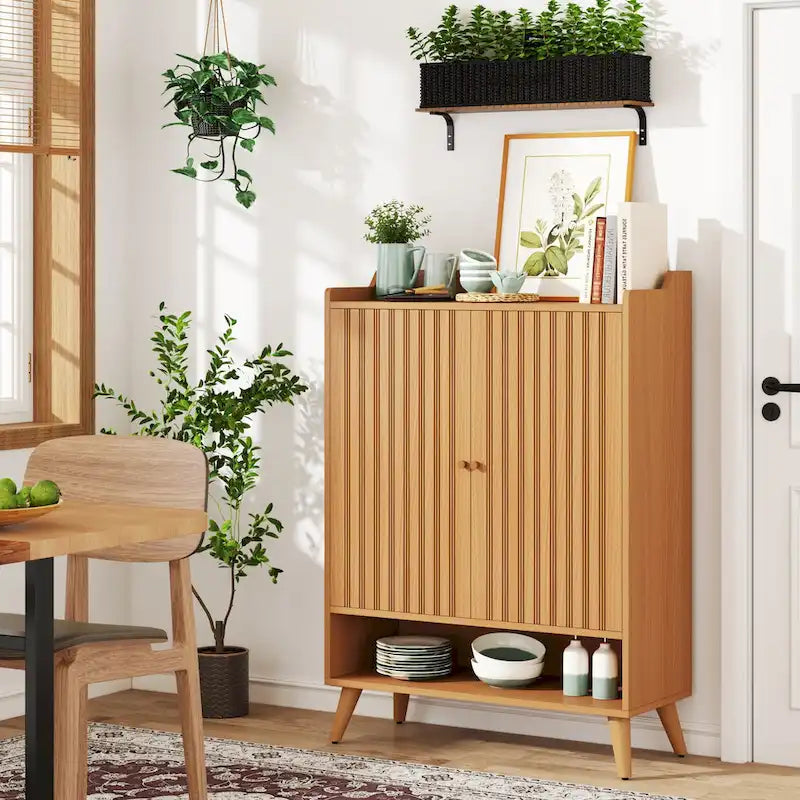 Buffet vaisselier 73 cm L x 110 cm H, 2 portes, 3 étagères réglables, MDF et pieds en métal