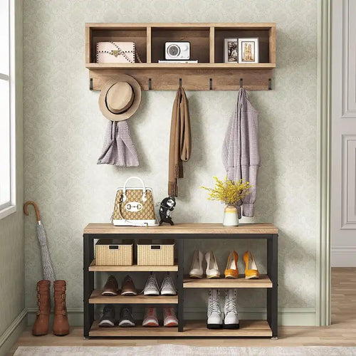 Entryway Coat Rack Shoe Bench Set, Industrial Hall Tree Coat Shoe Rack