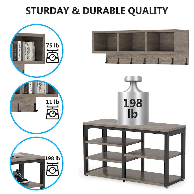 Porte-manteau industriel 5-en-1 avec banc à chaussures, 7 crochets, étagère à chaussures 3 niveaux et casiers de rangement, 90 kg