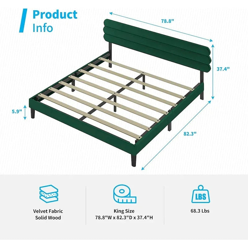 Cadre de lit rembourré avec tête de lit capitonnée en velours réglable 36-38", sans sommier, Grand lit/Très grand lit/Très très grand lit
