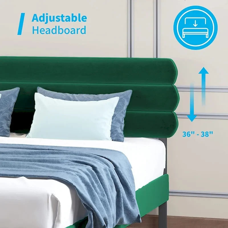 Cadre de lit rembourré avec tête de lit capitonnée en velours réglable 36-38", sans sommier, Grand lit/Très grand lit/Très très grand lit