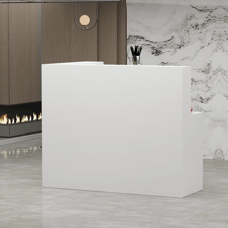 Bureau d'accueil en bois en forme de L, marbré noir ou blanc, de 55,9 pouces