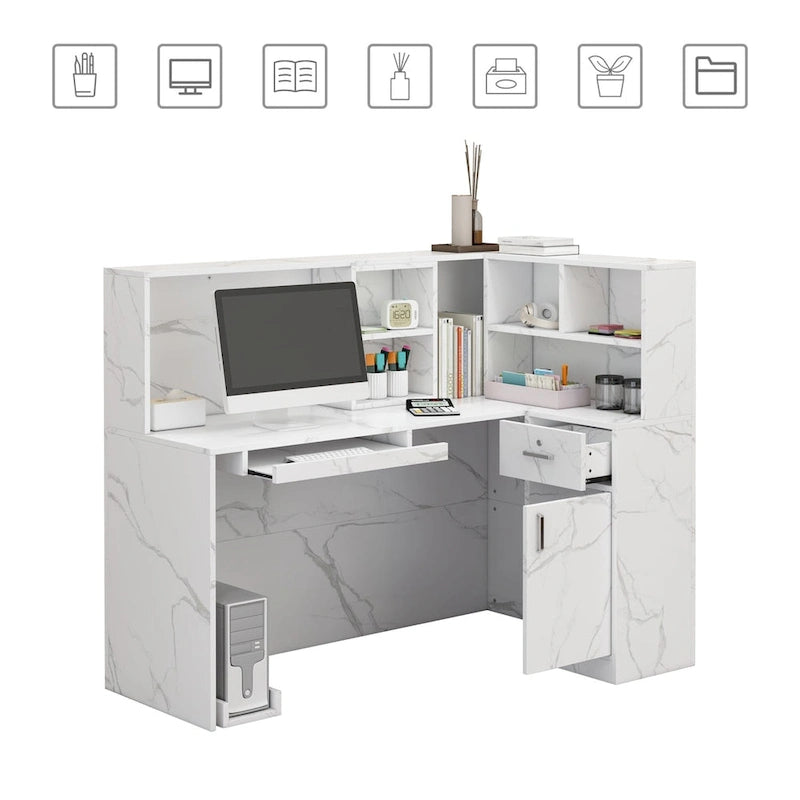 Bureau d'accueil en bois en forme de L, marbré noir ou blanc, de 55,9 pouces