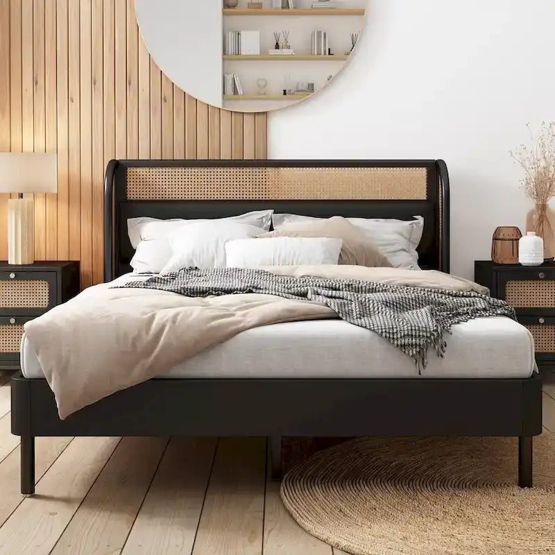Lit plateforme Queen avec tête de lit en rotin, cadre en pin, aucun sommier tapissier requis 64,6" L