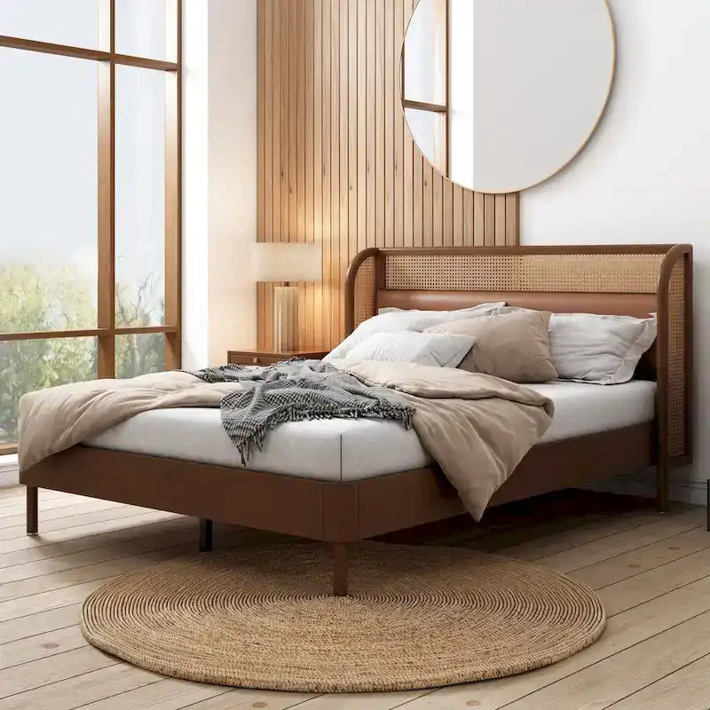 Lit plateforme Queen avec tête de lit en rotin, cadre en pin, aucun sommier tapissier requis 64,6" L
