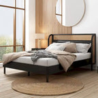 Lit plateforme Queen avec tête de lit en rotin, cadre en pin, aucun sommier tapissier requis 64,6" L