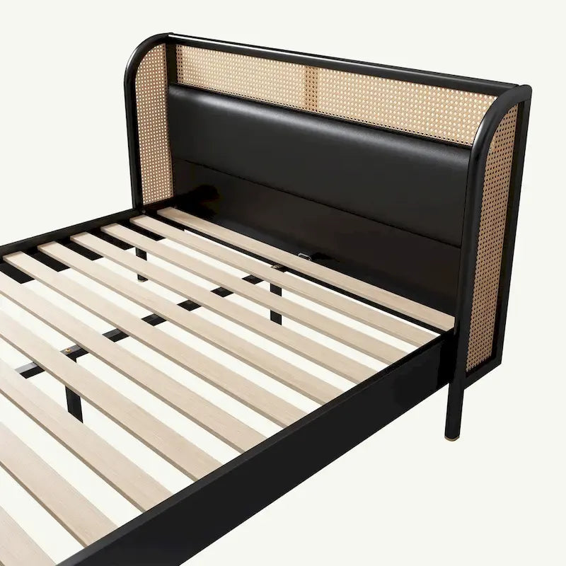 Lit plateforme Queen avec tête de lit en rotin, cadre en pin, aucun sommier tapissier requis 64,6" L