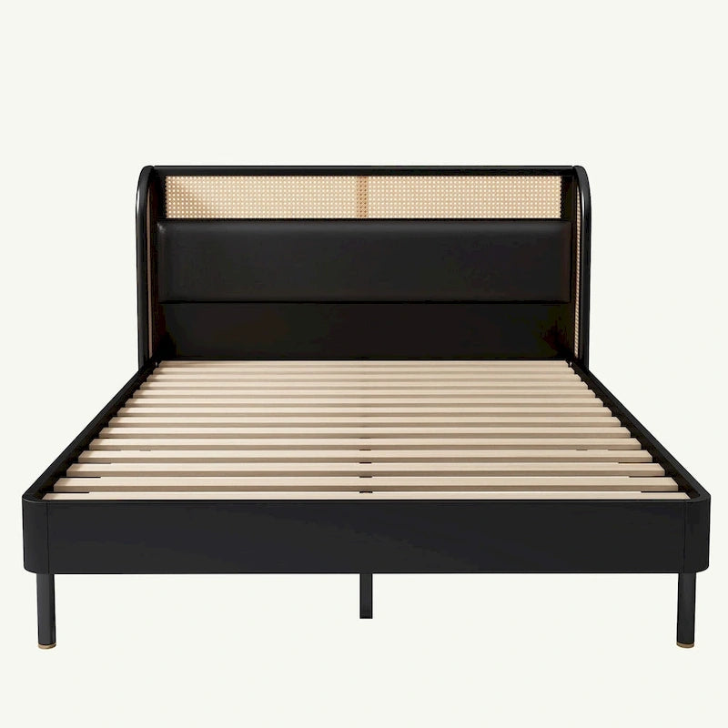 Lit plateforme Queen avec tête de lit en rotin, cadre en pin, aucun sommier tapissier requis 64,6" L