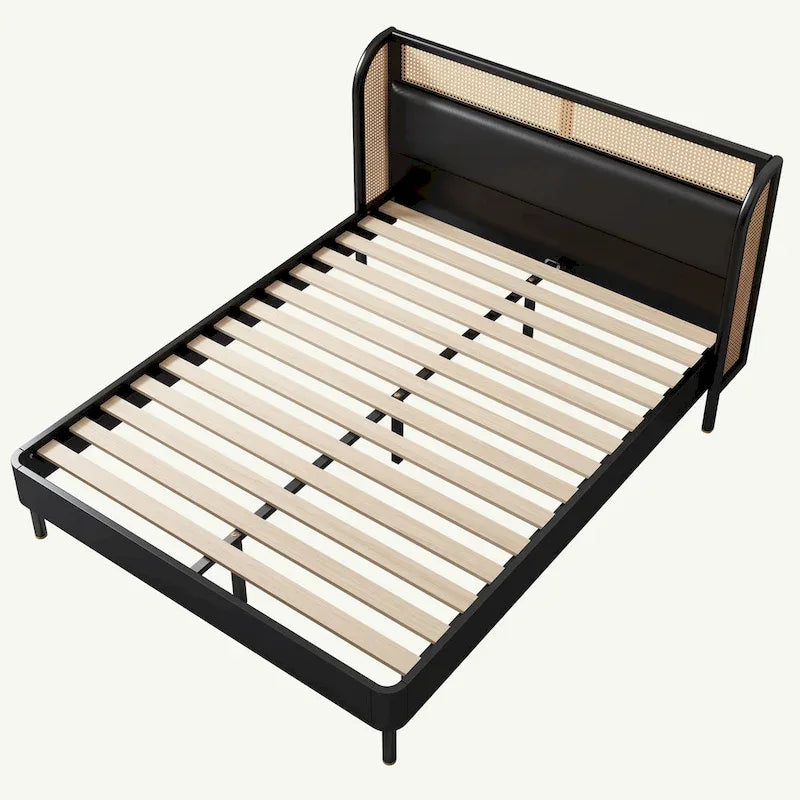 Lit plateforme Queen avec tête de lit en rotin, cadre en pin, aucun sommier tapissier requis 64,6" L