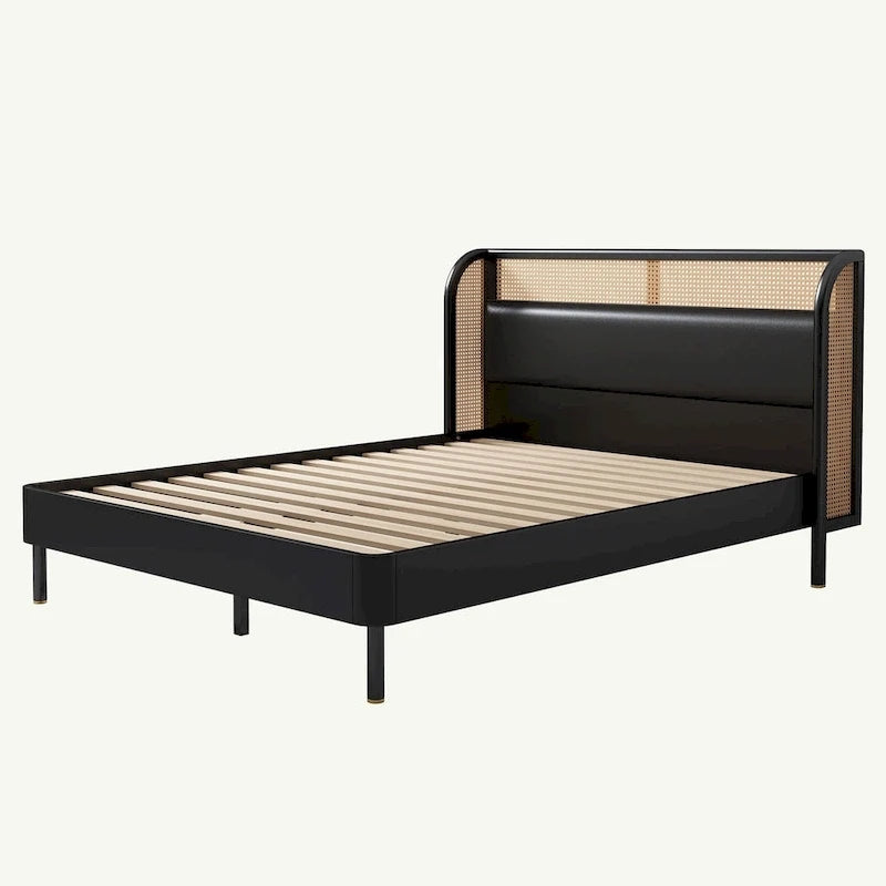 Lit plateforme Queen avec tête de lit en rotin, cadre en pin, aucun sommier tapissier requis 64,6" L
