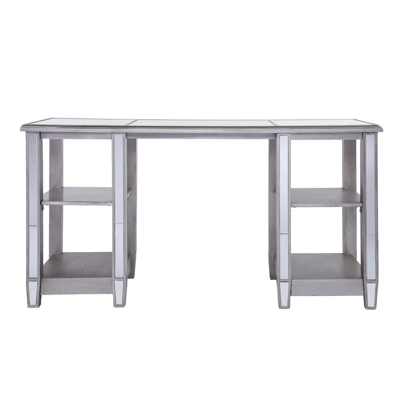 Bureau d'écriture effet miroir 56"L, 4 étagères ouvertes, finition argent mat, bureau à domicile style glamour