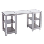 Bureau d'écriture effet miroir 56"L, 4 étagères ouvertes, finition argent mat, bureau à domicile style glamour