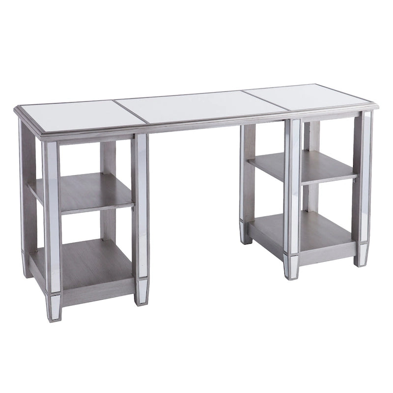 Bureau d'écriture effet miroir 56"L, 4 étagères ouvertes, finition argent mat, bureau à domicile style glamour