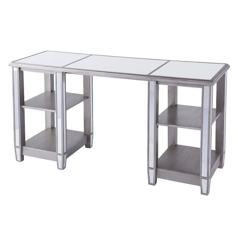 Bureau d'écriture effet miroir 56"L, 4 étagères ouvertes, finition argent mat, bureau à domicile style glamour