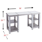 Bureau d'écriture effet miroir 56"L, 4 étagères ouvertes, finition argent mat, bureau à domicile style glamour