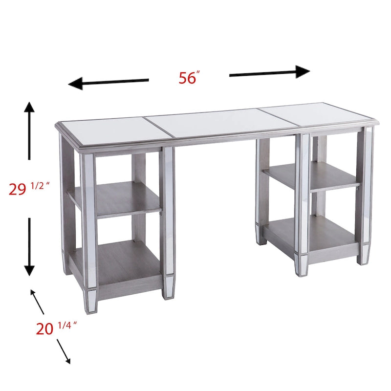 Bureau d'écriture effet miroir 56"L, 4 étagères ouvertes, finition argent mat, bureau à domicile style glamour