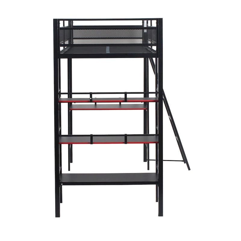 Lit superposé jumeau sur jumeau avec bureau intégré et étagères, compatible moniteur 40", style fibre de carbone