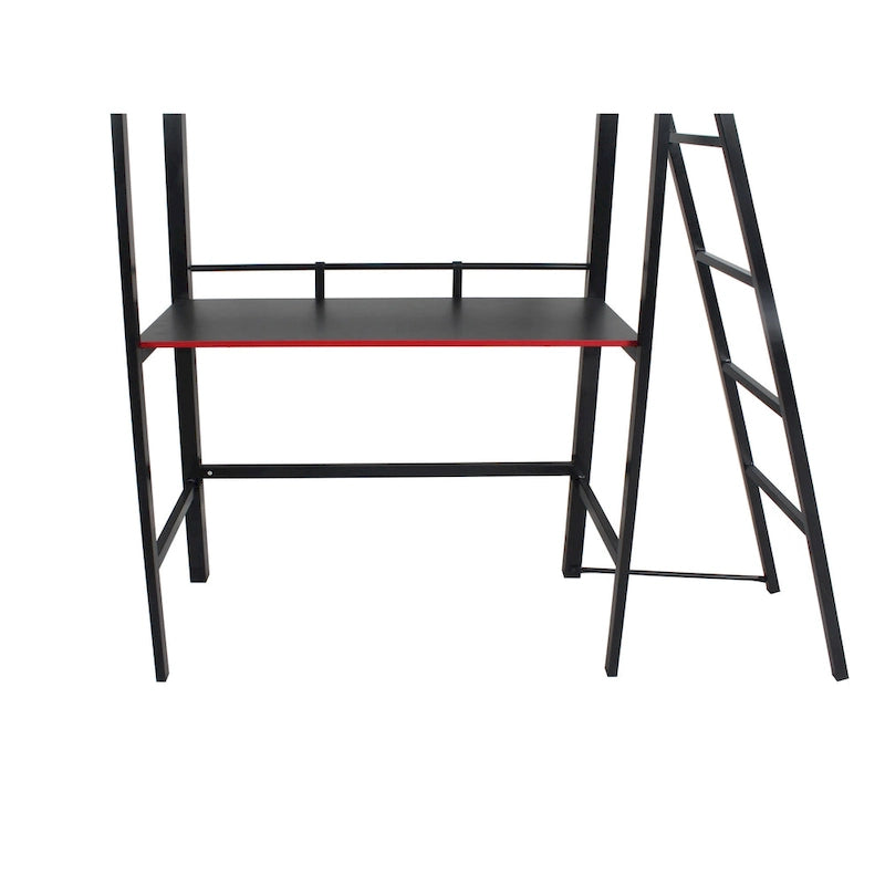 Lit superposé jumeau sur jumeau avec bureau intégré et étagères, compatible moniteur 40", style fibre de carbone
