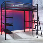 Lit superposé jumeau sur jumeau avec bureau intégré et étagères, compatible moniteur 40", style fibre de carbone