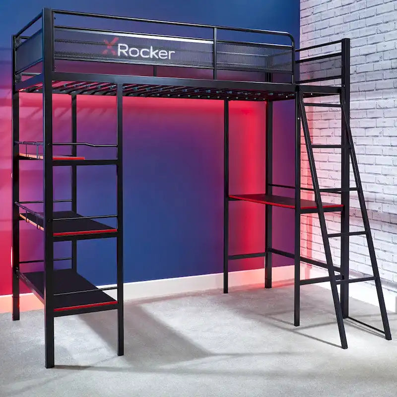 Lit superposé jumeau sur jumeau avec bureau intégré et étagères, compatible moniteur 40", style fibre de carbone