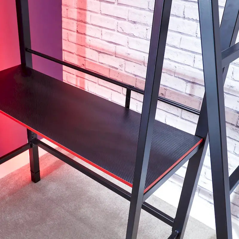 Lit superposé jumeau sur jumeau avec bureau intégré et étagères, compatible moniteur 40", style fibre de carbone