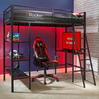 Lit superposé jumeau sur jumeau avec bureau intégré et étagères, compatible moniteur 40", style fibre de carbone
