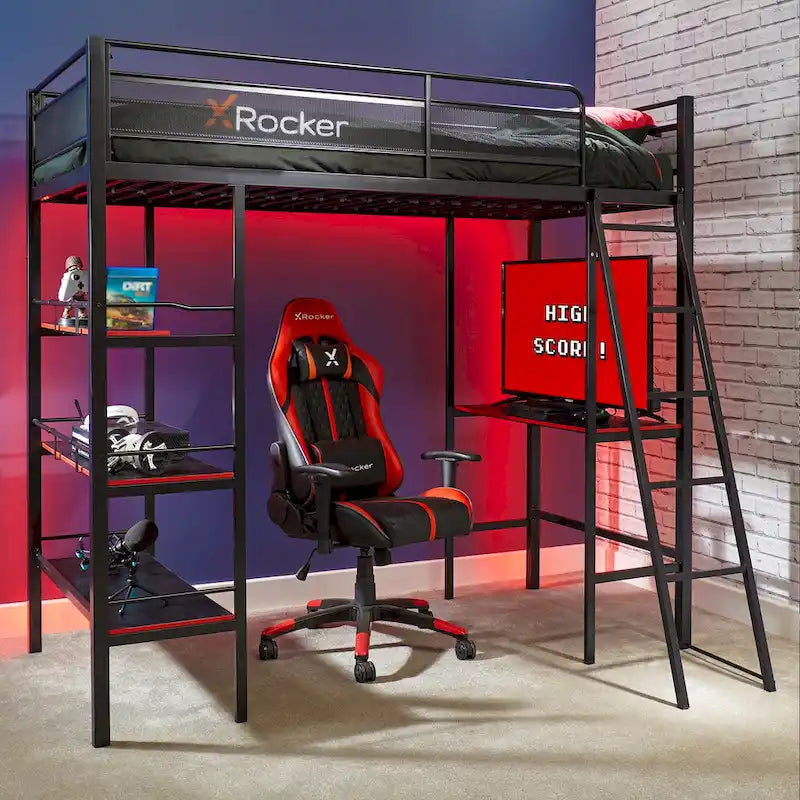 Lit superposé jumeau sur jumeau avec bureau intégré et étagères, compatible moniteur 40", style fibre de carbone