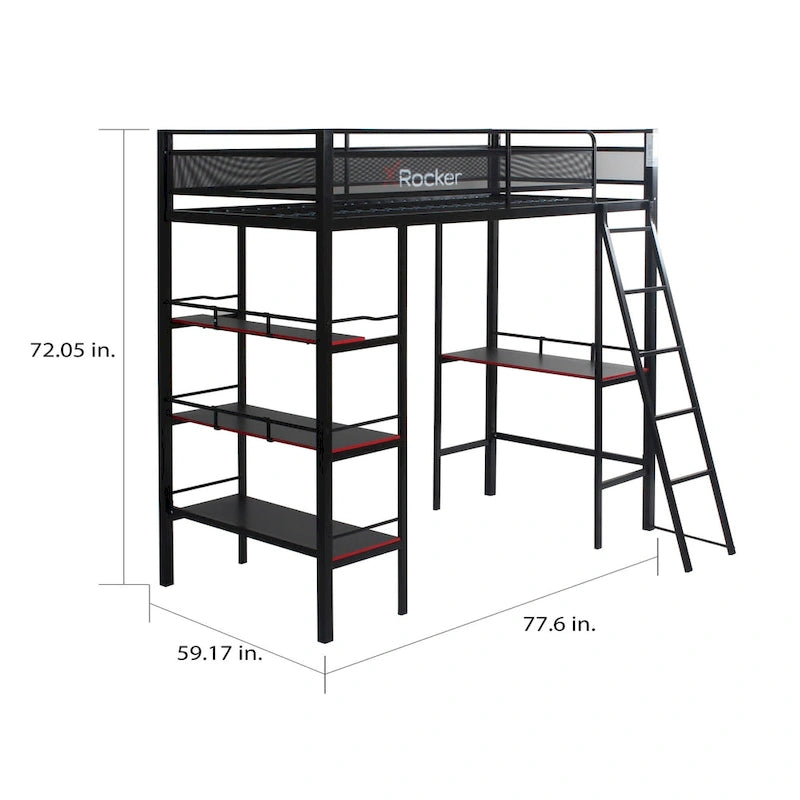Lit superposé jumeau sur jumeau avec bureau intégré et étagères, compatible moniteur 40", style fibre de carbone