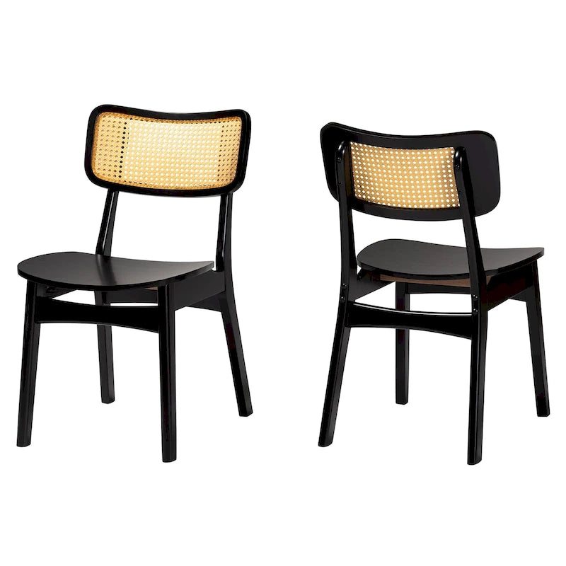 Lot de 2 chaises de salle à manger en bois d'hévéa et rotin tissé style Mid-Century, dossier incurvé, 46 cm L x 79 cm H