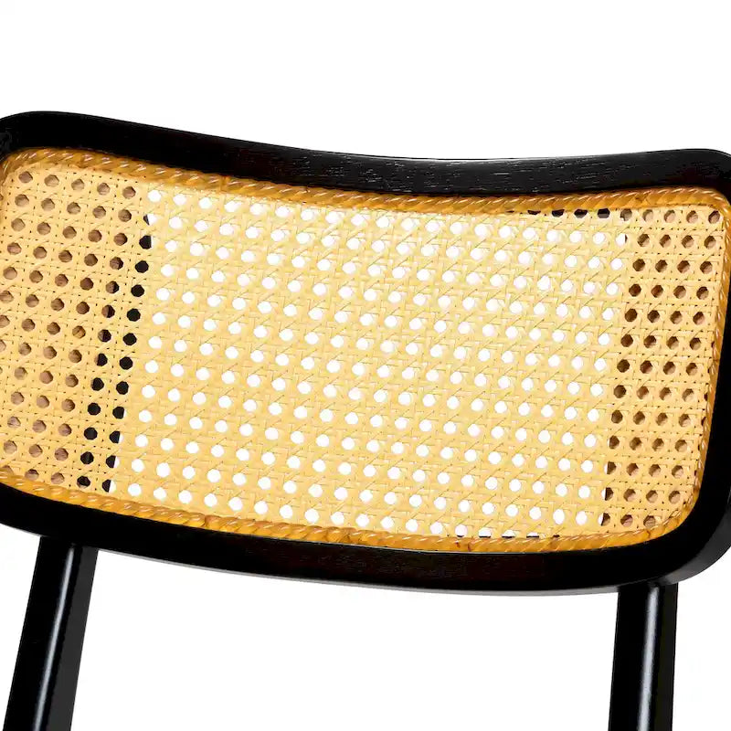Lot de 2 chaises de salle à manger en bois d'hévéa et rotin tissé style Mid-Century, dossier incurvé, 46 cm L x 79 cm H
