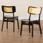 Lot de 2 chaises de salle à manger en bois d'hévéa et rotin tissé style Mid-Century, dossier incurvé, 46 cm L x 79 cm H