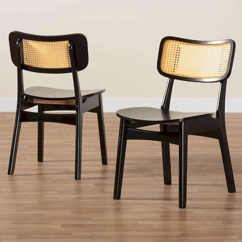 Lot de 2 chaises de salle à manger en bois d'hévéa et rotin tissé style Mid-Century, dossier incurvé, 46 cm L x 79 cm H