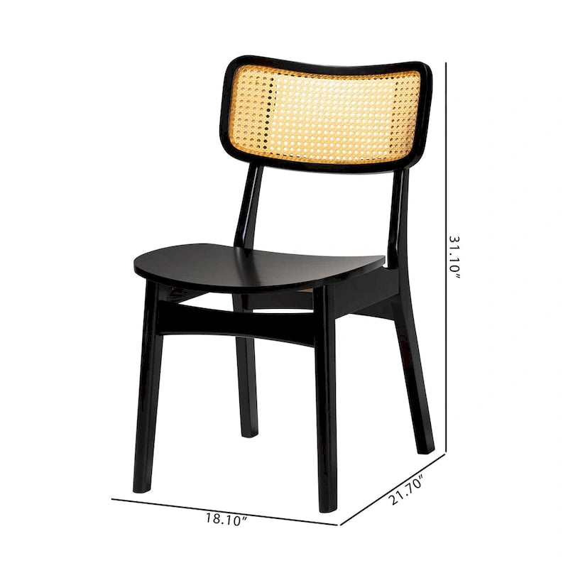 Lot de 2 chaises de salle à manger en bois d'hévéa et rotin tissé style Mid-Century, dossier incurvé, 46 cm L x 79 cm H