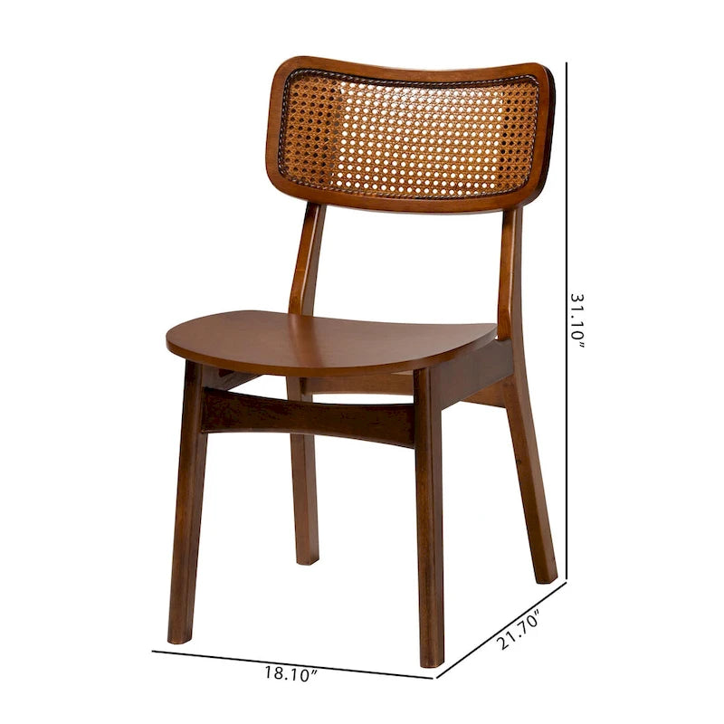 Lot de 2 chaises de salle à manger en bois d'hévéa et rotin tissé style Mid-Century, dossier incurvé, 46 cm L x 79 cm H