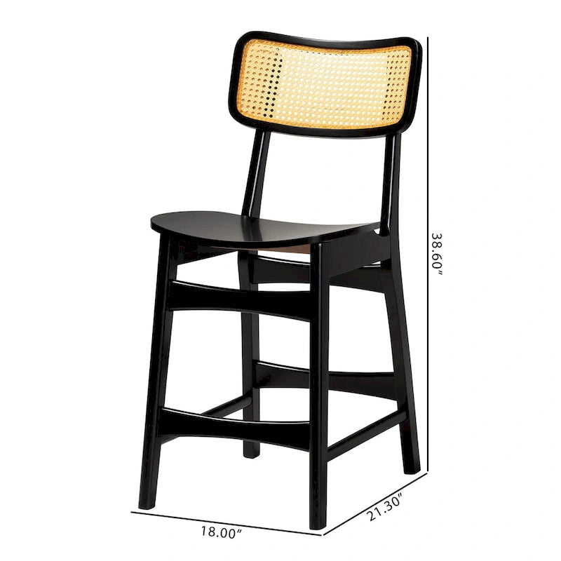 Lot de 2 chaises de salle à manger en bois d'hévéa et rotin tissé style Mid-Century, dossier incurvé, 46 cm L x 79 cm H