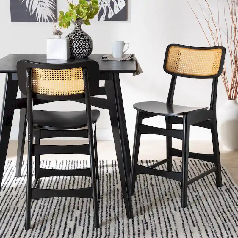 Lot de 2 chaises de salle à manger en bois d'hévéa et rotin tissé style Mid-Century, dossier incurvé, 46 cm L x 79 cm H