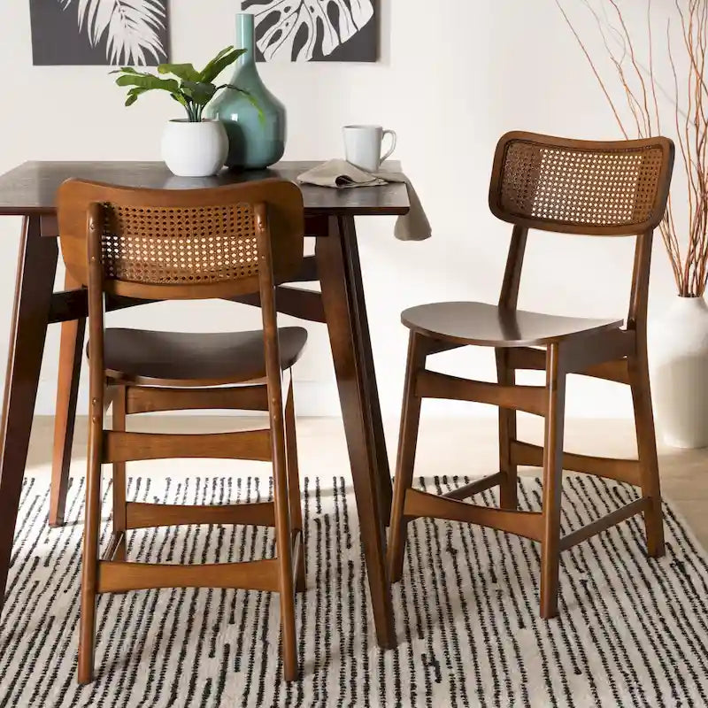 Lot de 2 chaises de salle à manger en bois d'hévéa et rotin tissé style Mid-Century, dossier incurvé, 46 cm L x 79 cm H