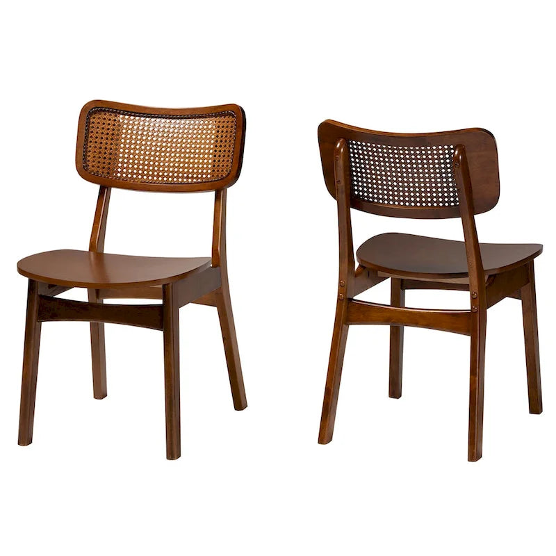 Lot de 2 chaises de salle à manger en bois d'hévéa et rotin tissé style Mid-Century, dossier incurvé, 46 cm L x 79 cm H