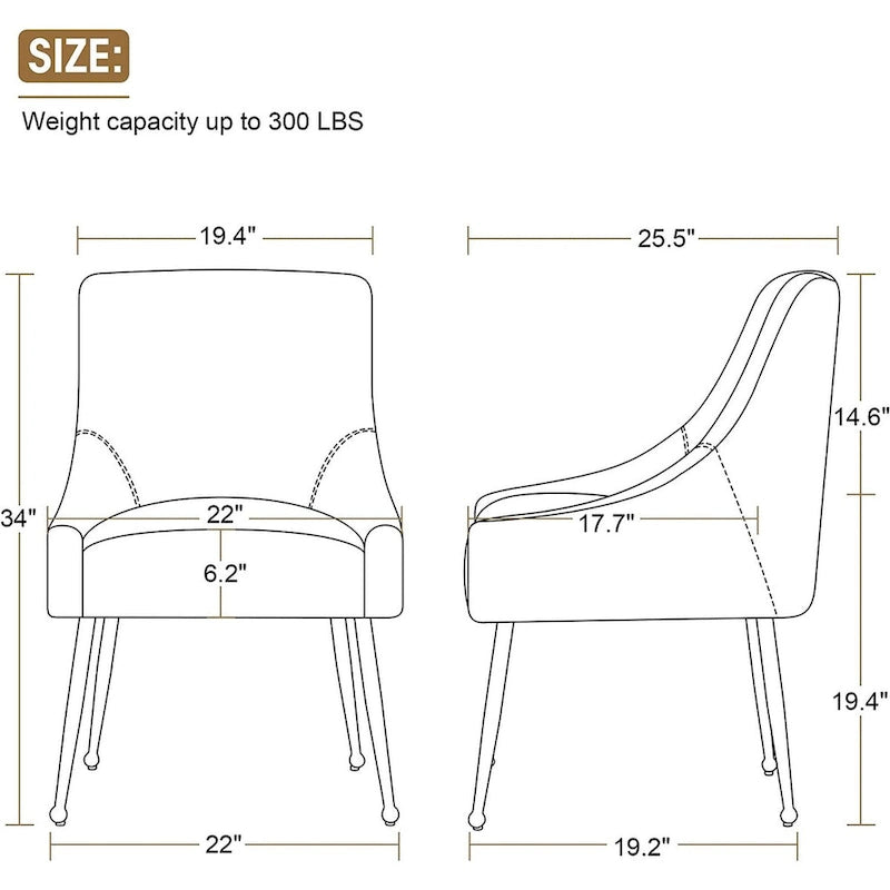 Lot de 2 chaises de salle à manger tapissées en velours, pieds plaqués or, assise à ressorts, 136 kg, 56 cm L x 86 cm H
