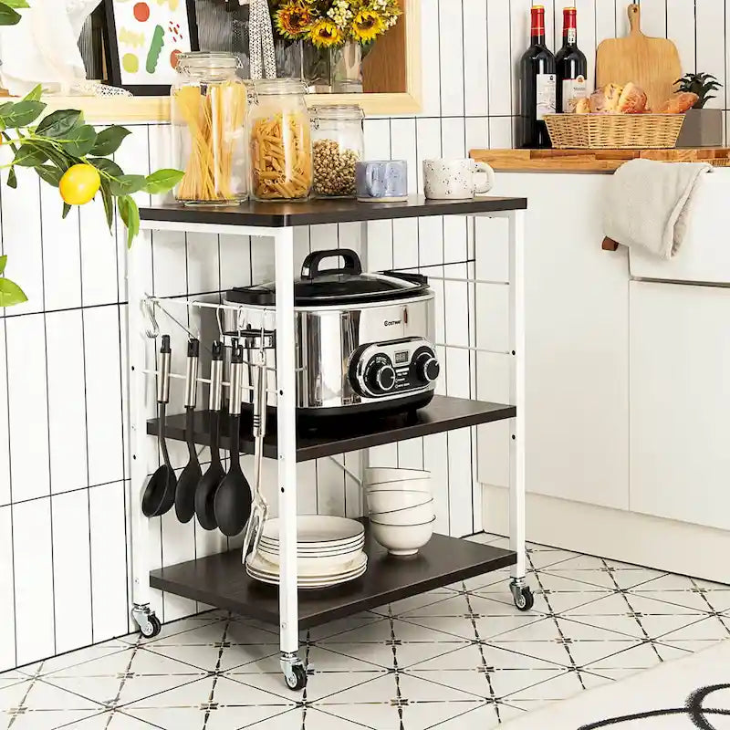 Desserte de cuisine à trois niveaux avec étagères de rangement et support pour micro-ondes