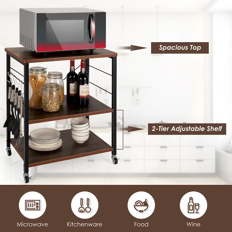 Desserte de cuisine à trois niveaux avec étagères de rangement et support pour micro-ondes
