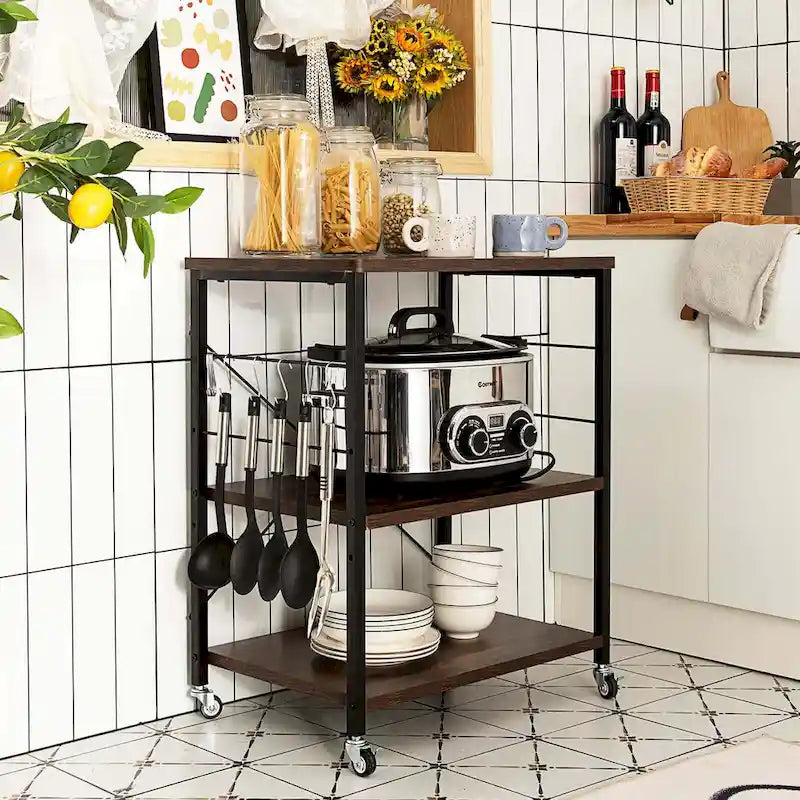 Desserte de cuisine à trois niveaux avec étagères de rangement et support pour micro-ondes