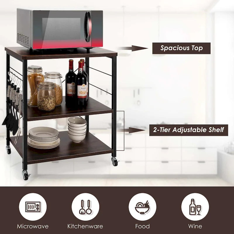 Desserte de cuisine à trois niveaux avec étagères de rangement et support pour micro-ondes