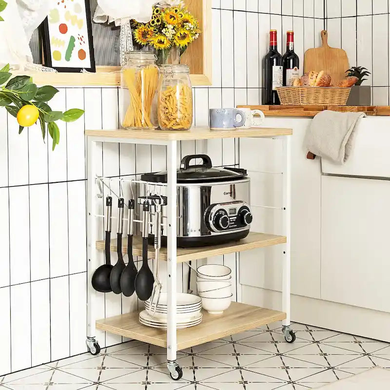 Desserte de cuisine à trois niveaux avec étagères de rangement et support pour micro-ondes