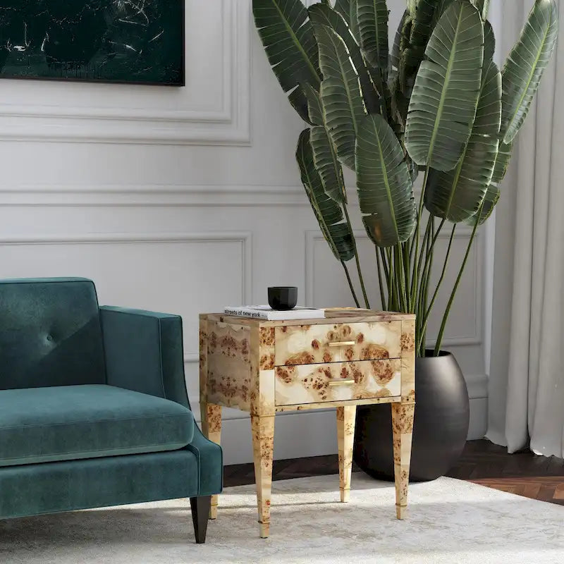 Table d'appoint en loupe de bois à tiroirs doubles