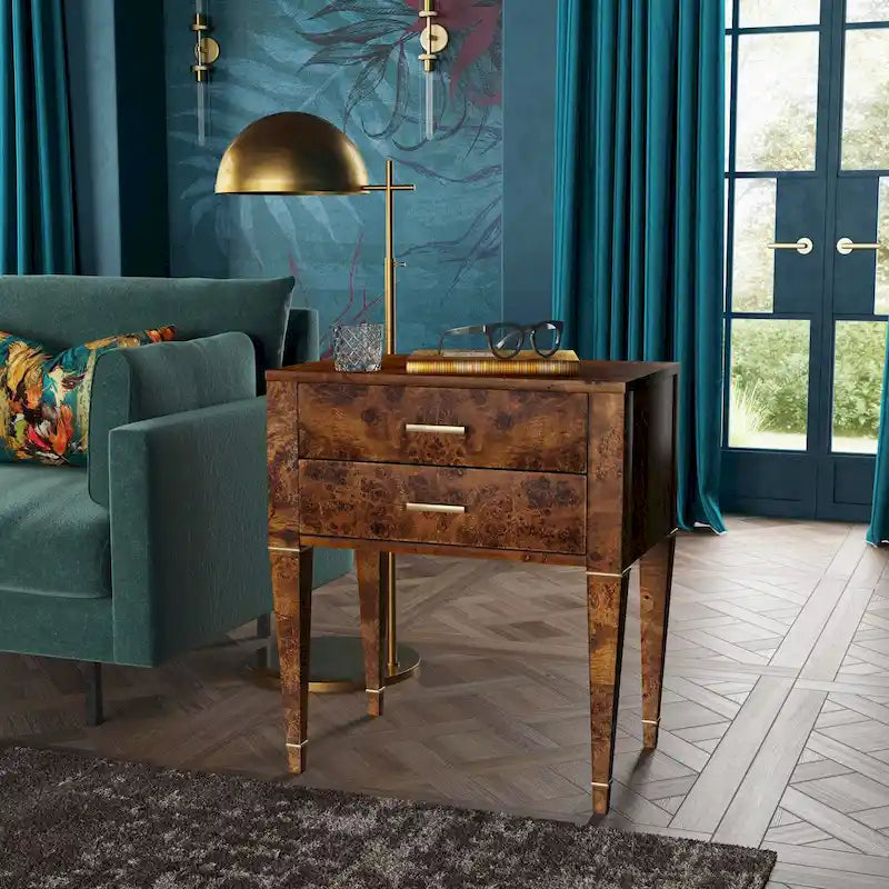 Table d'appoint en loupe de bois à tiroirs doubles