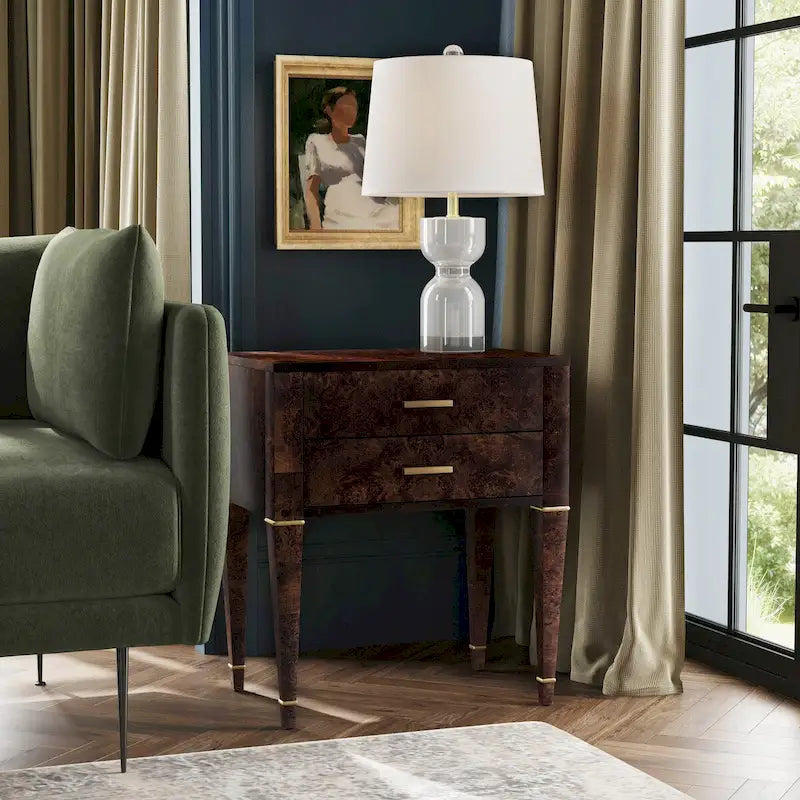Table d'appoint en loupe de bois à tiroirs doubles
